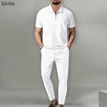 Men's Clothing Set - Summer Streetwear Two-Piece Set Solid Color Collar Short-Sleeved Turtleneck Zipper T-Shirt