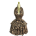 Women's Dress - Early Summer New Sleeveless Halter Leopard Print Anti-Static Sweet Empire Waist-Cinching Ruched Puff