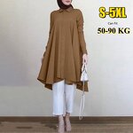Women's Top - Muslim Long Lapel Collar Single Breasted Swallowtail Curved Hem Shirt Solid Loose Casual