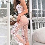 Women's Pajamas Set - O-Neck Print Contrast Lace Mesh Long Night Wear