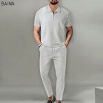 Men's Clothing Set - Summer Streetwear Two-Piece Set Solid Color Collar Short-Sleeved Turtleneck Zipper T-Shirt