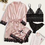 Women's Pajamas Set - European American Sexy Underwear Large Size Elastic Waist Four-Piece Set Polyester Satin