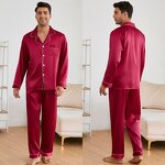 Men's Robes Set - Ice Silk Spring and Autumn Wedding Red Long Sleeve Trousers Home Clothes