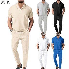 Men's Clothing Set - Summer Streetwear Two-Piece Set Solid Color Collar Short-Sleeved Turtleneck Zipper T-Shirt