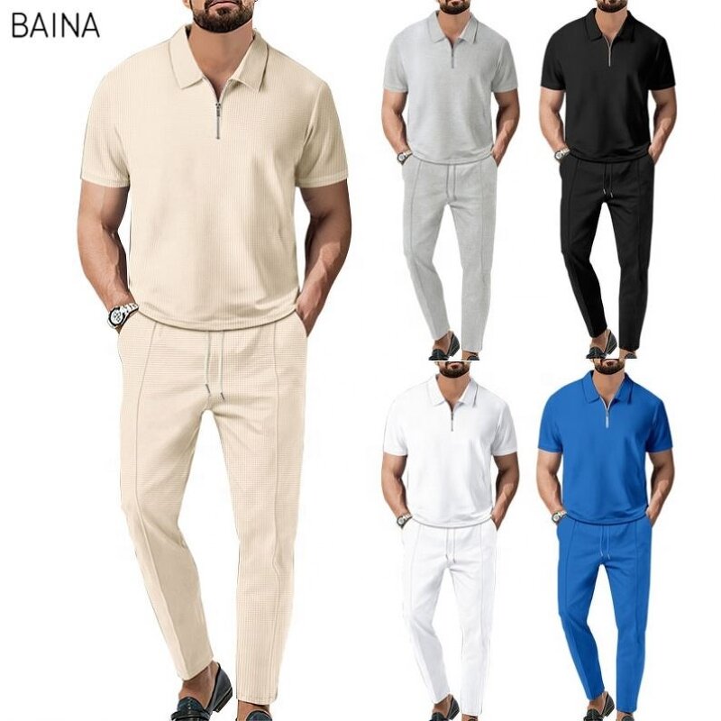 Men's Clothing Set - Summer Streetwear Two-Piece Set Solid Color Collar Short-Sleeved Turtleneck Zipper T-Shirt