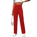 Women's Pants - European American Spring Autumn New High Waist Pocket Wide Leg Button Casual Loose