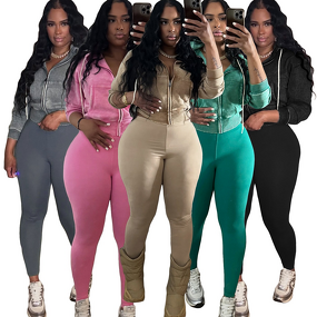 Women's Clothing Set - European American Style Sporty Washed Zip-Up Fleece-Inside Hoodie + Yoga Pants Sports