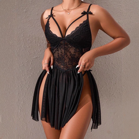 Women's Nightgown - New Style Sexy Off-the-Shoulder Home Lace Straps Trim Slit Dress ODM