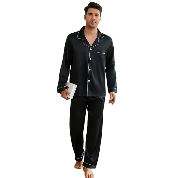 Men's Robes Set - Ice Silk Spring and Autumn Wedding Red Long Sleeve Trousers Home Clothes