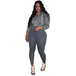 Women's Clothing Set - European American Style Sporty Washed Zip-Up Fleece-Inside Hoodie + Yoga Pants Sports