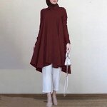 Women's Top - Muslim Long Lapel Collar Single Breasted Swallowtail Curved Hem Shirt Solid Loose Casual