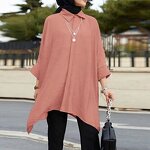 Women's Top - Fashion Loose Lapel Collar 3/4 Sleeve Slit Top Crepe Fabric Single Breasted Casual Shirt