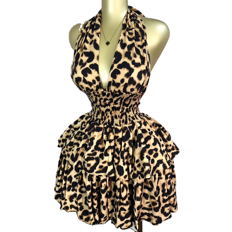 Women's Dress - Early Summer New Sleeveless Halter Leopard Print Anti-Static Sweet Empire Waist-Cinching Ruched Puff