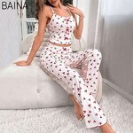 Women's Pajamas Set - O-Neck Print Contrast Lace Mesh Long Night Wear