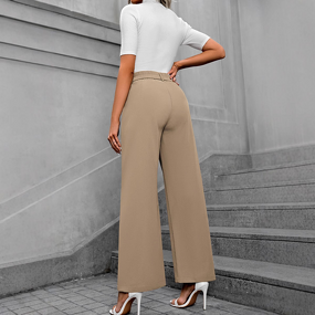 Women's Pants - European American Summer Fashion Elegant Commuter High-Waisted Loose Straight Wide-Leg Polyester