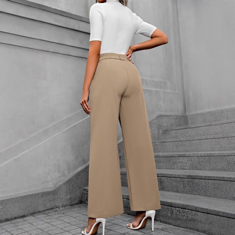 Women's Pants - European American Summer Fashion Elegant Commuter High-Waisted Loose Straight Wide-Leg Polyester