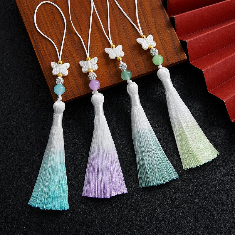 Tassel Hanging Earring - Antique Ethnic Chinese Embroidered PVC Gradient Butterfly