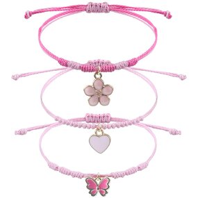 Braided Bracelet - Adjustable Pink Four-Leaf Clover Love Pink Butterfly Rope