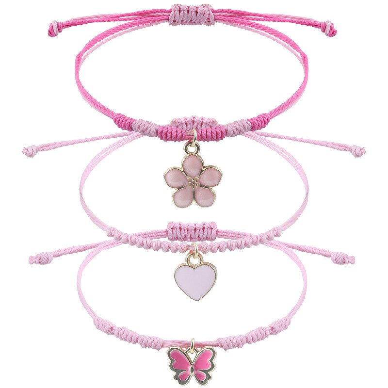 Braided Bracelet - Adjustable Pink Four-Leaf Clover Love Pink Butterfly Rope