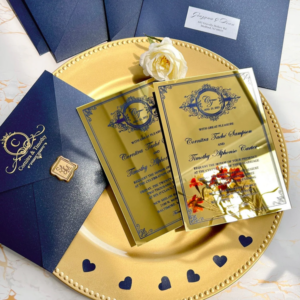 Wedding Invitation - Gold and Navy Mirror Plastic Monogram Handmade Acrylic