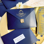 Wedding Invitation - Gold and Navy Mirror Plastic Monogram Handmade Acrylic