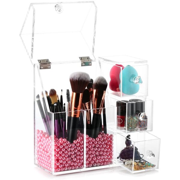 Makeup Brush Holder - Acrylic Organizer with 2 Brush Holders 3 Drawers Dustproof Box