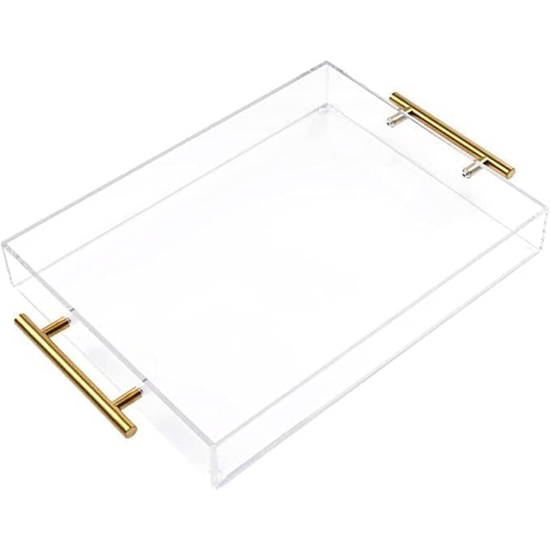 Serving Tray - 12"x16" Clear Acrylic with Golden Handles Sturdy Huge Capacity