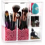 Makeup Brush Holder - Acrylic Organizer with 2 Brush Holders 3 Drawers Dustproof Box