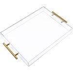 Serving Tray - 12"x16" Clear Acrylic with Golden Handles Sturdy Huge Capacity