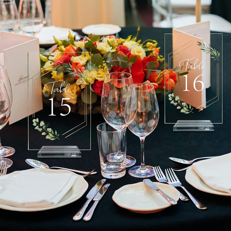 Wedding Table Numbers - Acrylic 1-20 with Stands 4x6 Inch Clear Place Cards Gold Trim