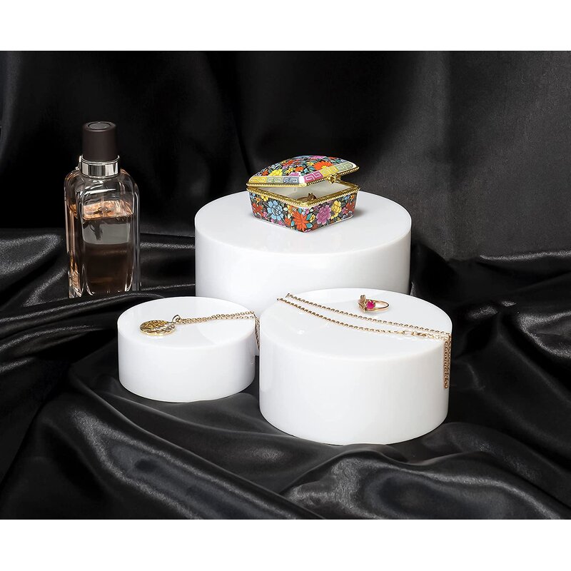 Display Riser Stands - White Acrylic Round Cylinder Nesting with Hollow Bottoms 3-Pack