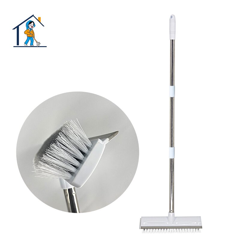 Floor Scrub Brush - Long Handle Stainless Steel 3-Connecting Poles Squeegee