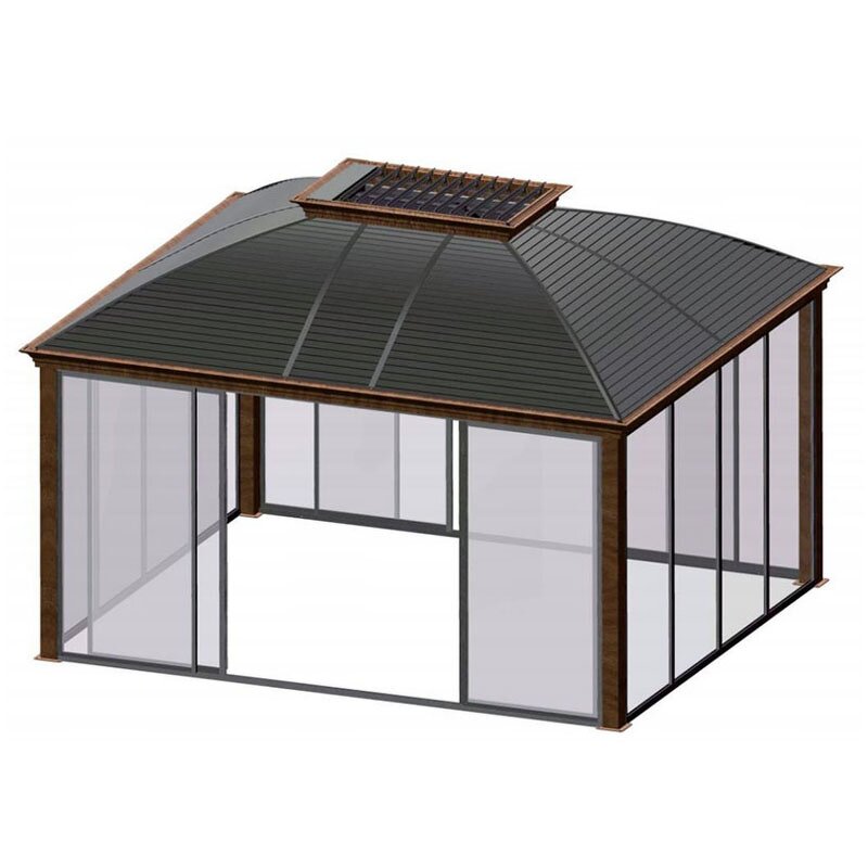 Aluminum Gazebos Manufacturer - Double Metal Roof Drawing Corner Wooden for Garden Terrace Set Outdoor BBQ with Curtain