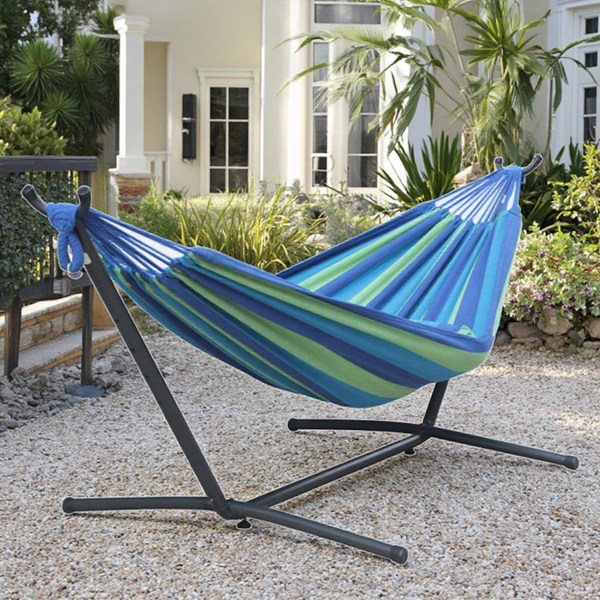 Hammock Bed Manufacturer - Luxury Style 2-Person Indoor Outdoor Cotton Stand 5 Adjustable Height Freestanding Canvas Foldable