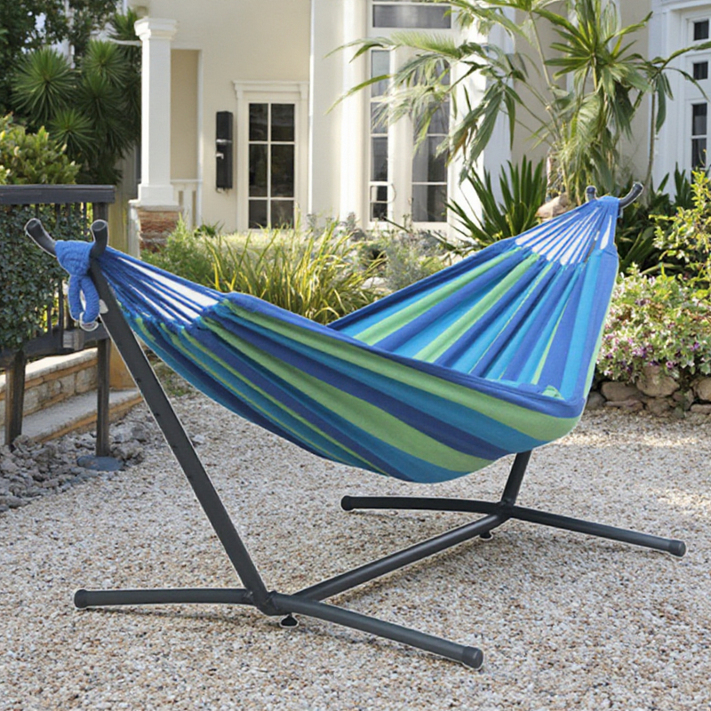 Hammock Bed Manufacturer - Luxury Style 2-Person Indoor Outdoor Cotton Stand 5 Adjustable Height Freestanding Canvas Foldable