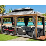 Aluminum Gazebos Manufacturer - Double Metal Roof Drawing Corner Wooden for Garden Terrace Set Outdoor BBQ with Curtain