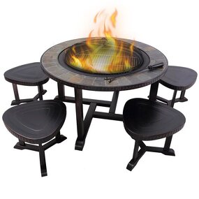 Outdoor Furniture Set Manufacturer - Portable 1 Table & 4 Stools Patio Garden with Wood Burning Smokeless Fire Pit & BBQ Grill