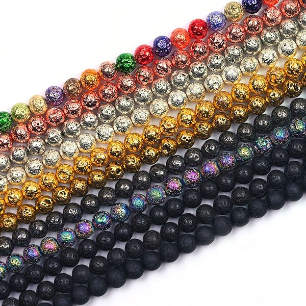 Lava Stone Beads Manufacturer - 10mm Natural Electroplated Lava Rock Round Gemstone Loose Beads for Jewelry Making