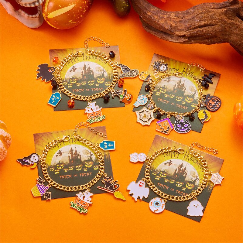 Halloween Bracelet Manufacturer - Ghost Face Human Skeleton Araneid Drop Oil Alloy Charms Lobster Clasp
