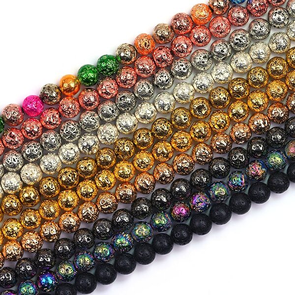 Lava Stone Beads Manufacturer - 8mm Natural Electroplated Lava Rock Round Gemstone Loose Beads for Jewelry Making