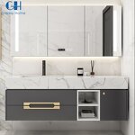Bathroom Vanity Sink Cabinet Manufacturer - 2025 Modern Style 23-Inch Black and Gold Rock Slab Set Wall Mount