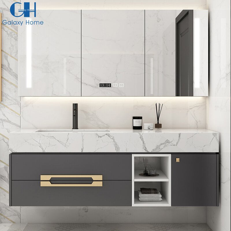 Bathroom Vanity Sink Cabinet Manufacturer - 2025 Modern Style 23-Inch Black and Gold Rock Slab Set Wall Mount