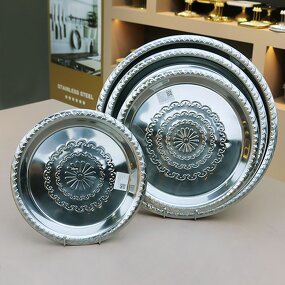 Dinner Plate Manufacturer - Food 30/35/40/45/50/55/60/65/70cm Cheap Round Stainless Steel Serving Tray Metal Dish