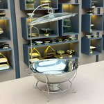 Buffet Food Warmer Manufacturer - Restaurant Equipment 8Litres Golden Stand Catering Party Gold Round 8L Chafing Dish Glass Lid