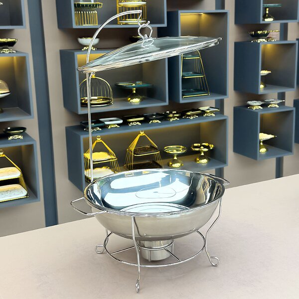 Buffet Food Warmer Manufacturer - Restaurant Equipment 8Litres Golden Stand Catering Party Gold Round 8L Chafing Dish Glass Lid