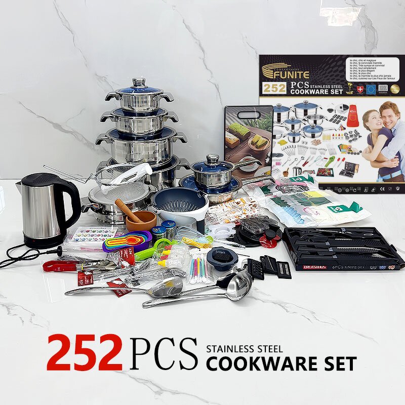 Cookware Set Manufacturer - Hot Selling 252PCS Stainless Steel High Quality Cooking Pot With Glass Lid and Kitchen Utensils