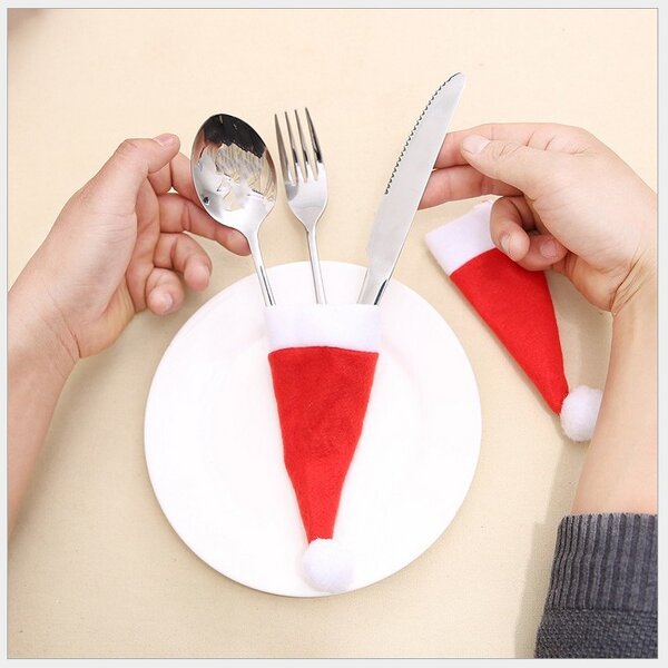 Christmas Hats Manufacturer - Wholesale Red Santa Tableware Knife Fork Set Holder Pocket Bag Party Dinner Wine Bottle Hat
