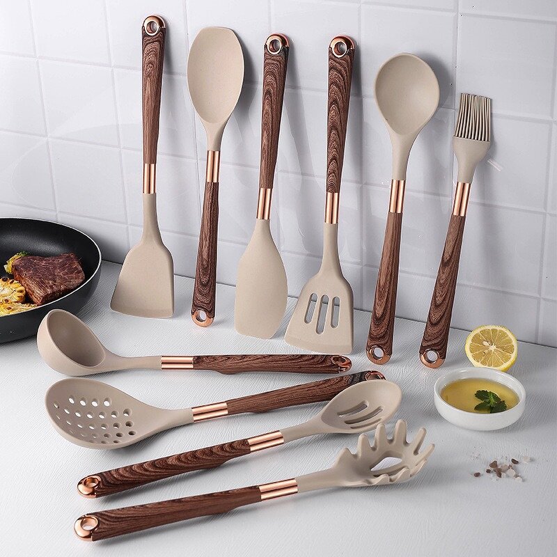 Kitchen Utensils Set Manufacturer - 11 Pieces Non Stick Kitchenware Cookware Premium Cooking Wooden Silicone with Wooden Handle