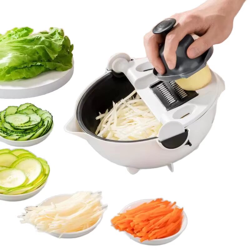 Vegetable Cutter Manufacturer - 2024 Multifunctional Kitchen Veggie Fruit Shredder Grater Slicer Rotate 9 in 1 Manual With Drain Basket