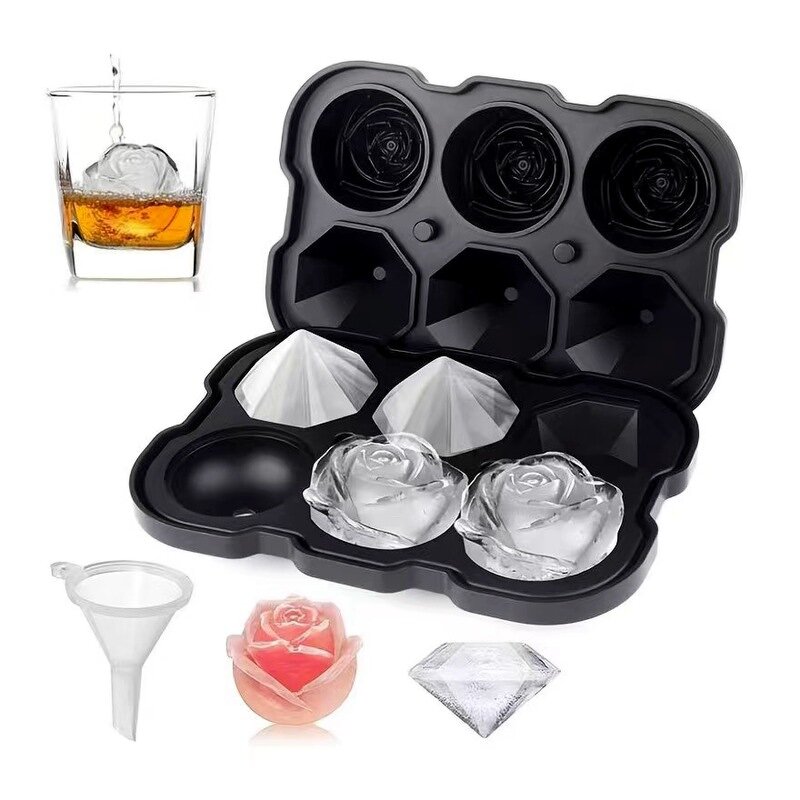 Ice Cube Trays Manufacturer - Silicone 6 Cavity Rose Shapes and Diamond Shaped Price 2 in 1 Molds Portable Ice Ball Maker with Lid
